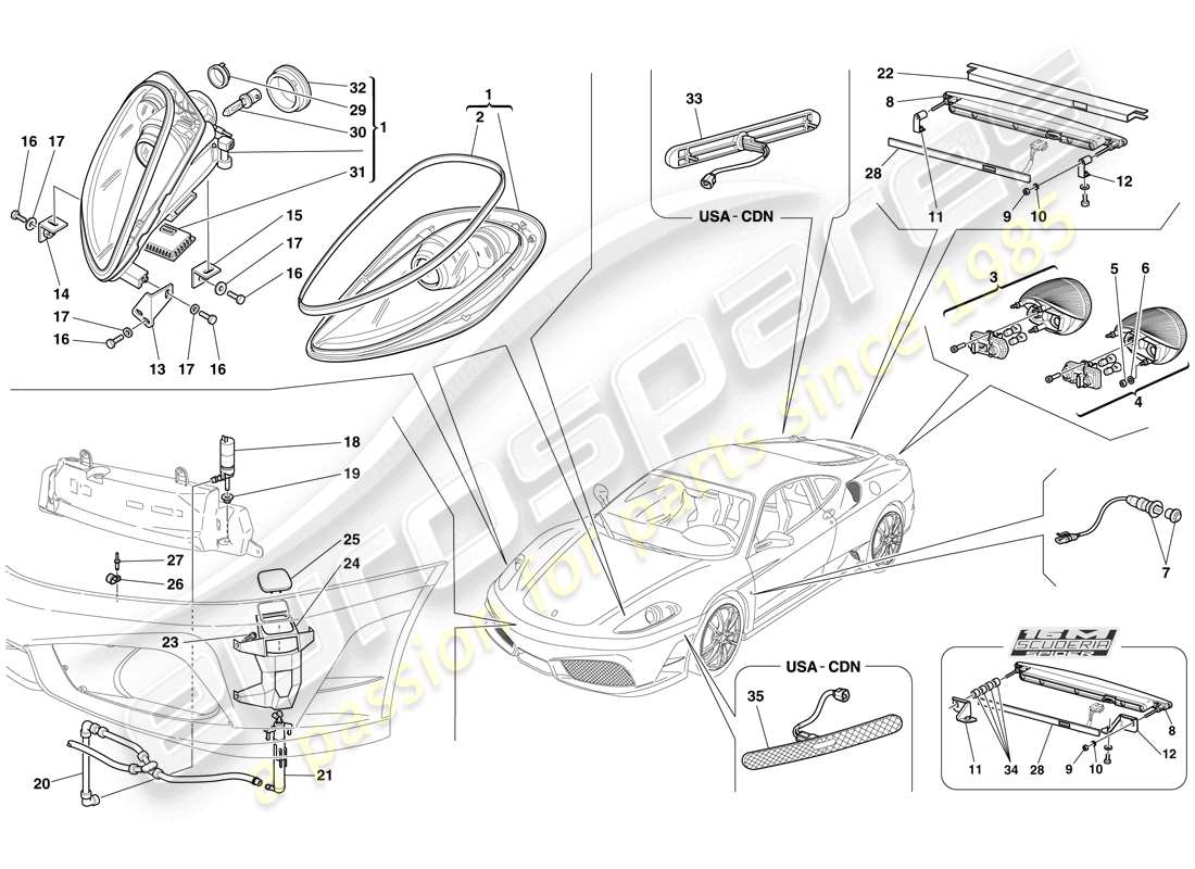 ferrari f430 scuderia spider 16m (usa) headlights and taillights parts diagram