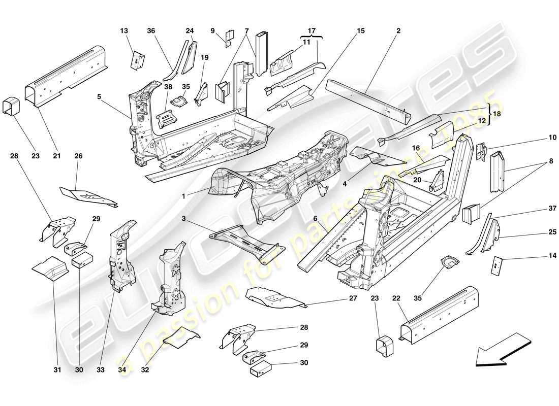 ferrari 599 gto (rhd) structures and elements, centre of vehicle part diagram