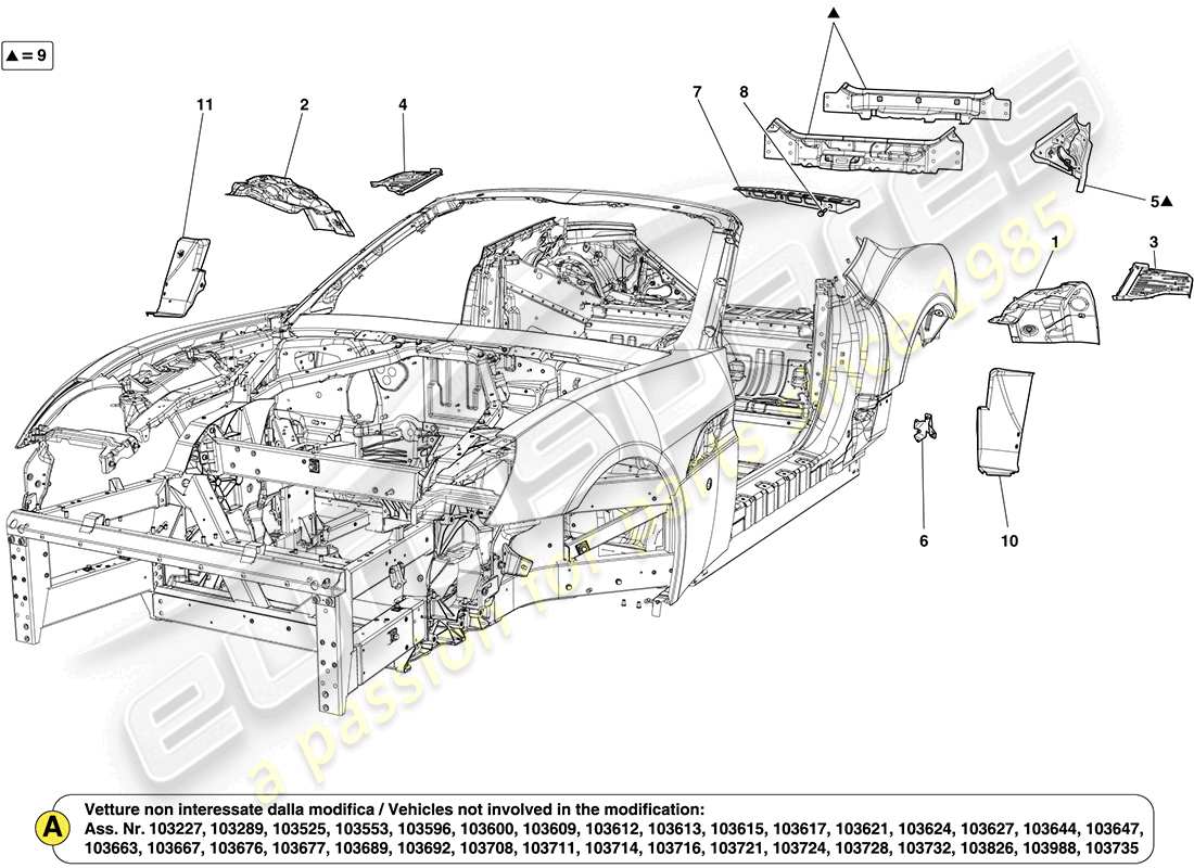 ferrari california (rhd) rear bodyshell and external trim parts diagram