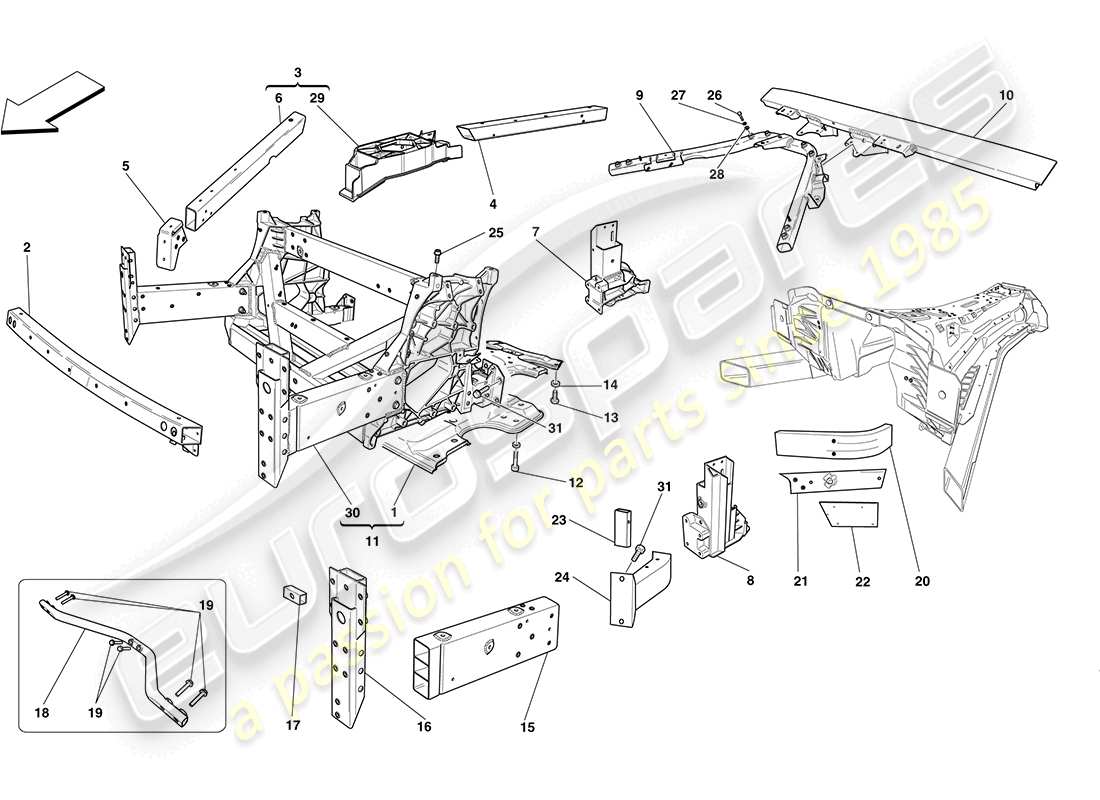 ferrari california (rhd) front structures and chassis box sections parts diagram