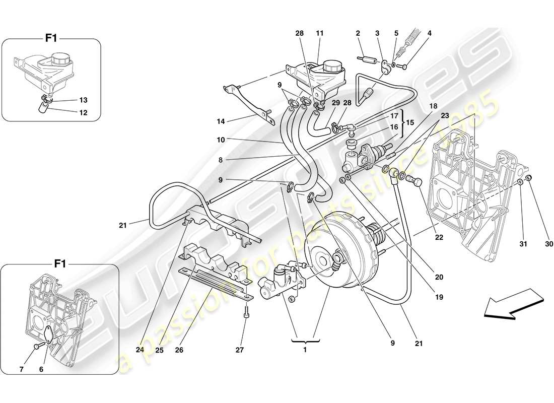 ferrari f430 coupe (rhd) hydraulic brake and clutch controls parts diagram
