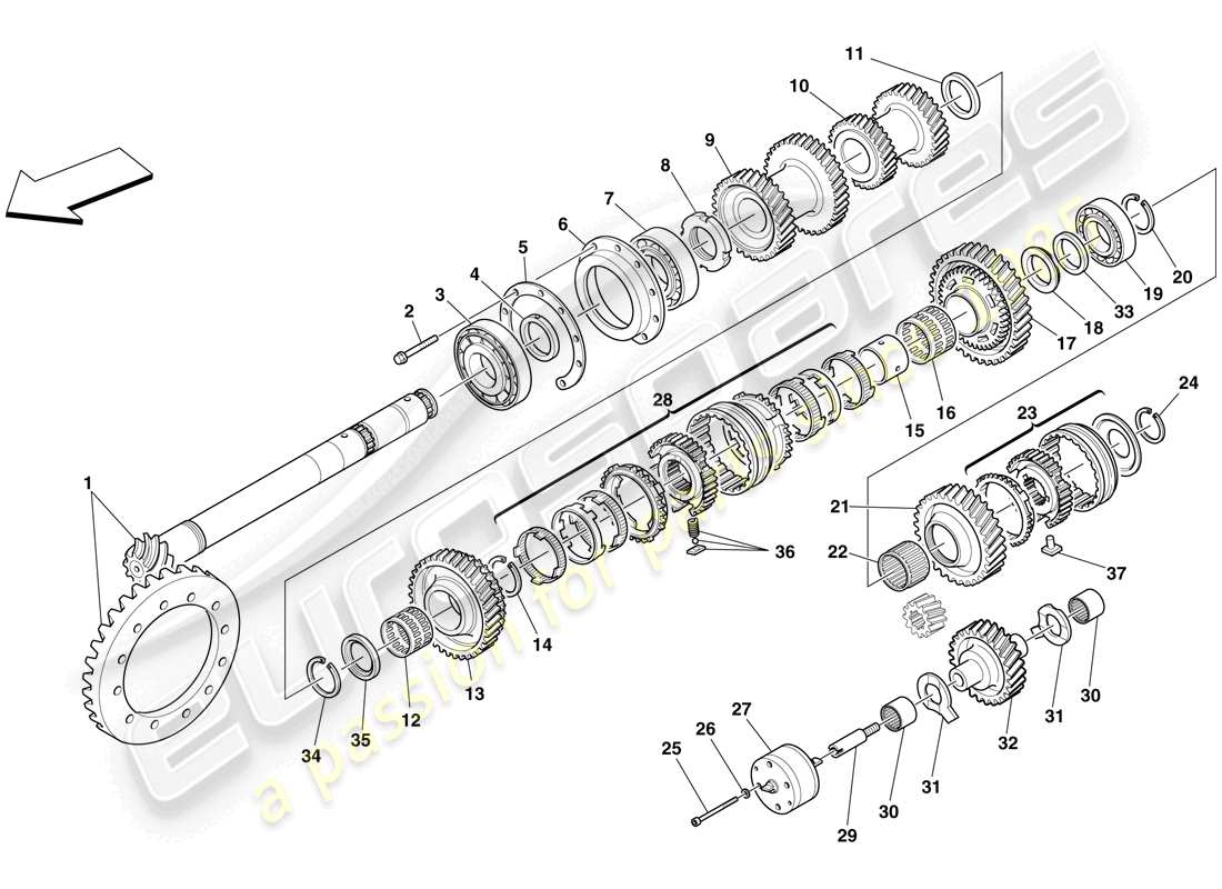 ferrari f430 scuderia spider 16m (europe) secondary shaft gears parts diagram