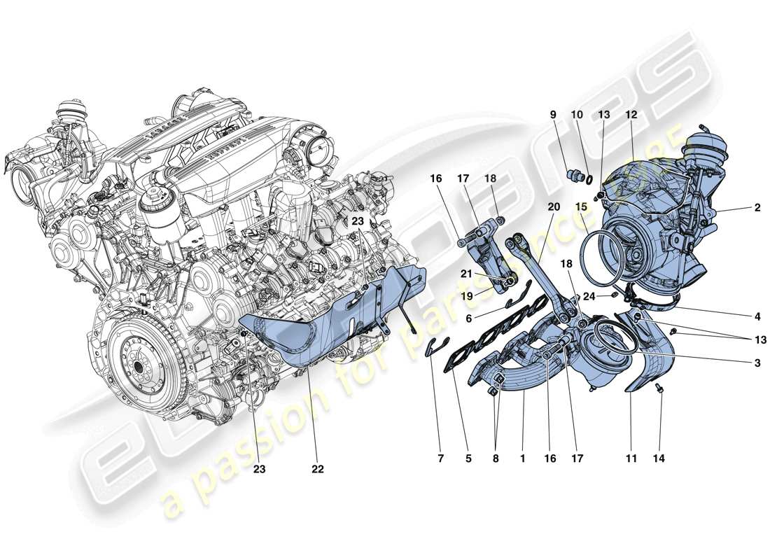 ferrari 488 gtb (europe) manifolds, turbocharging system and pipes part diagram