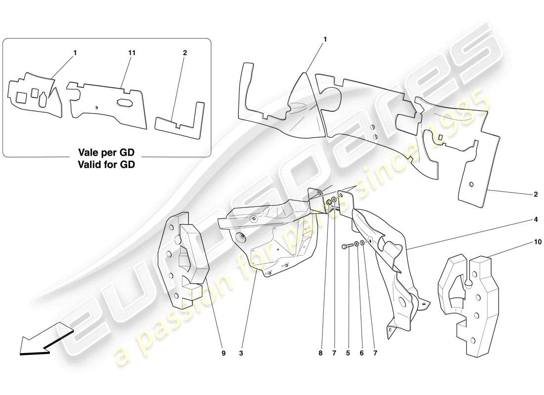 ferrari 599 sa aperta (europe) engine compartment firewall insulation parts diagram