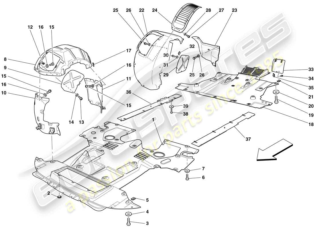 ferrari 599 gtb fiorano (usa) flat undertray and wheelhouses parts diagram