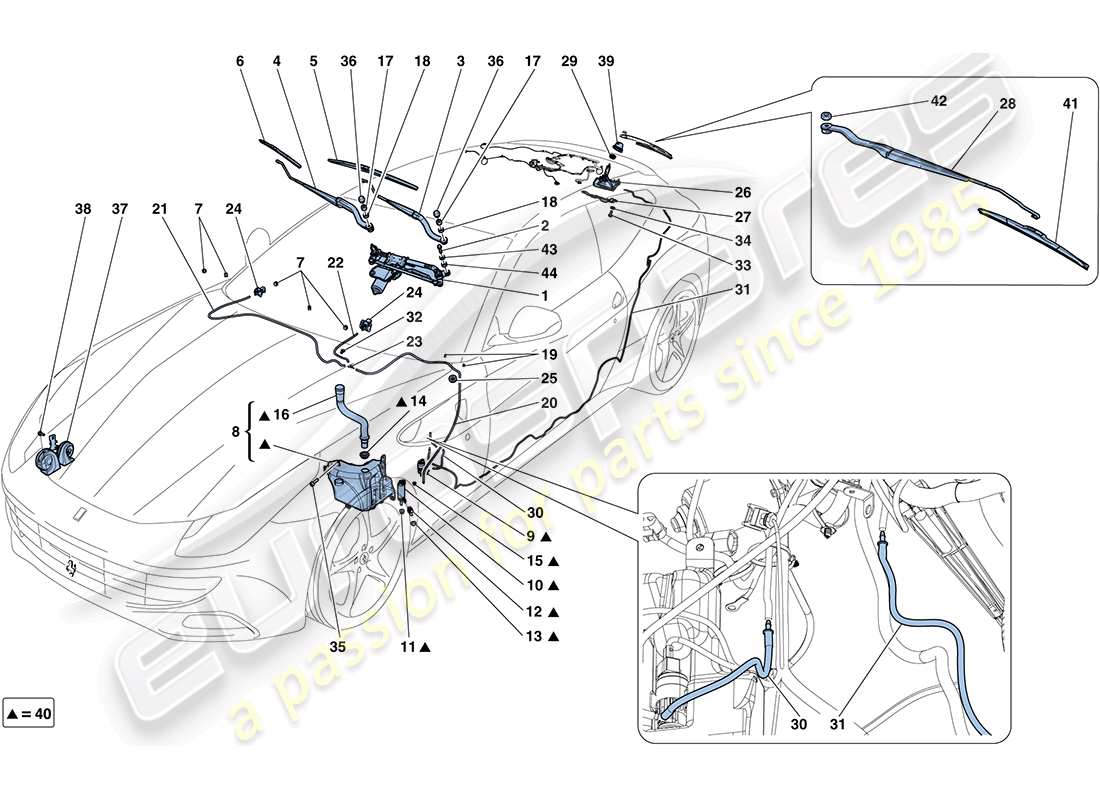 ferrari ff (europe) windscreen wiper, windscreen washer and horns parts diagram