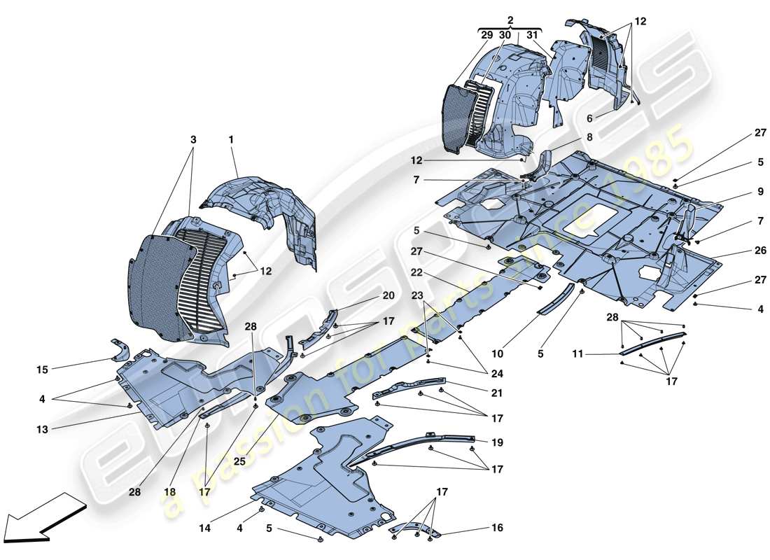 ferrari 488 gtb (rhd) flat undertray and wheelhouses parts diagram