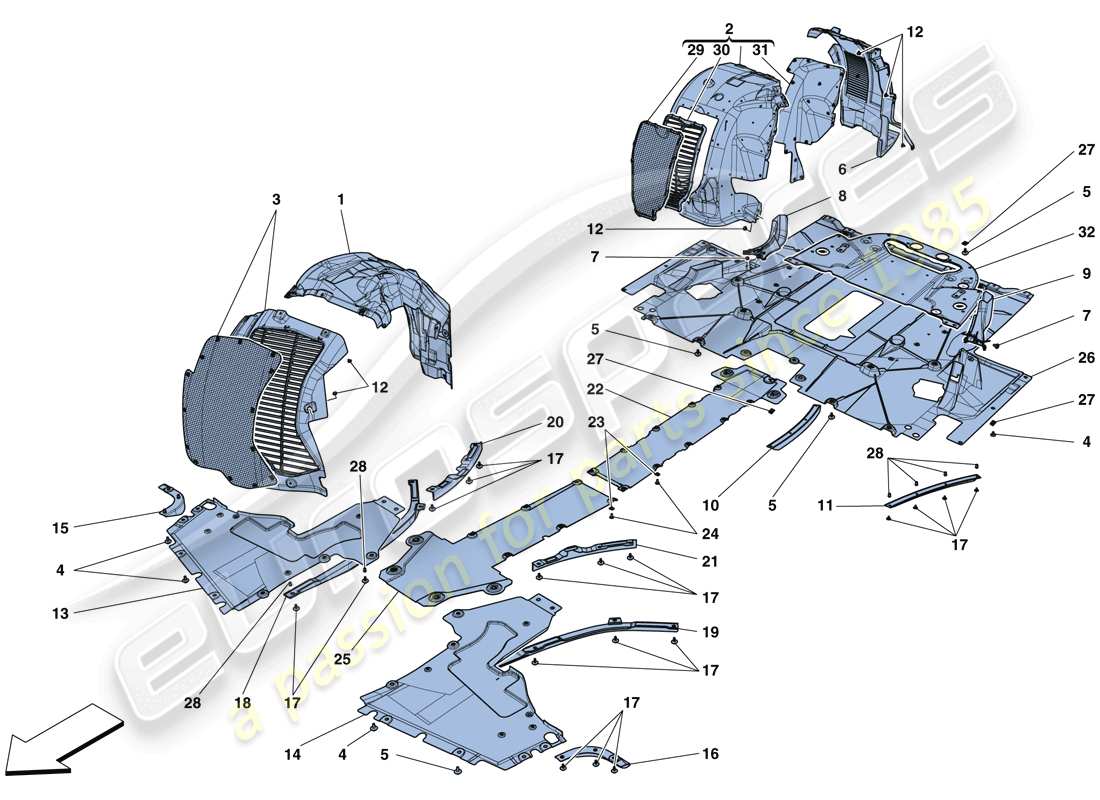 ferrari 488 spider (europe) flat undertray and wheelhouses parts diagram