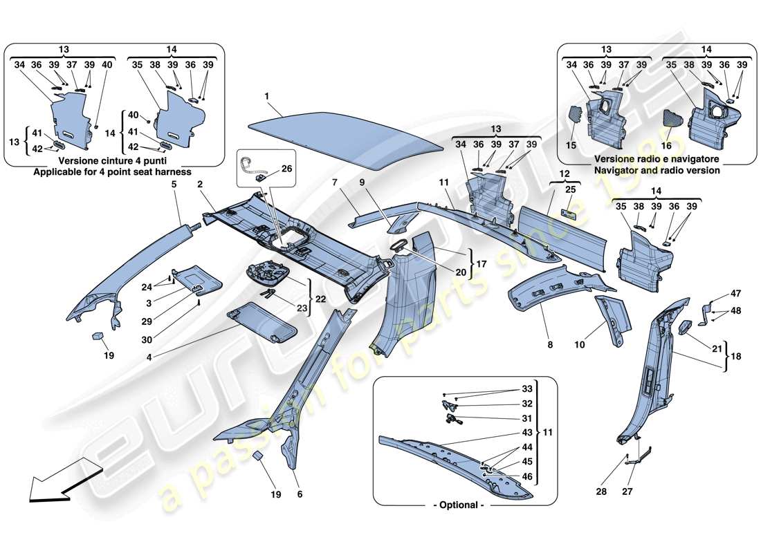 ferrari 458 speciale (rhd) headliner trim and accessories parts diagram