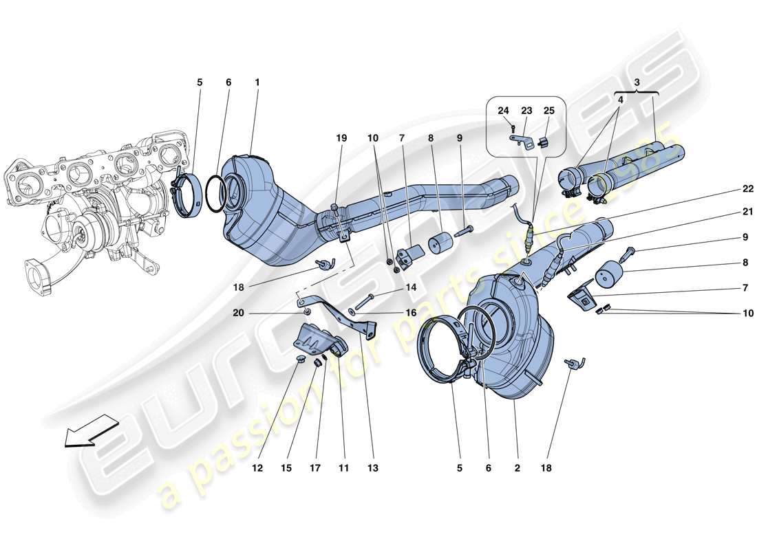 ferrari california t (rhd) pre-catalytic converters and catalytic converters parts diagram