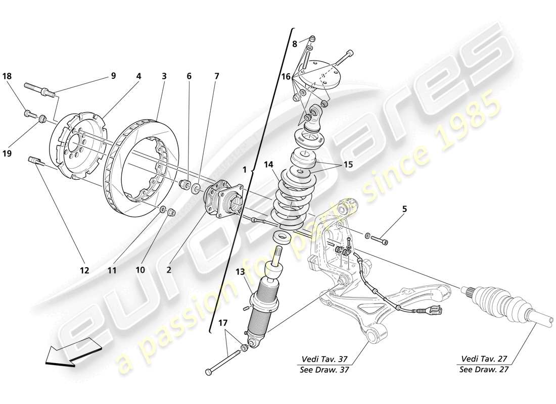 maserati trofeo rear suspension - shock absorber and brake disc parts diagram