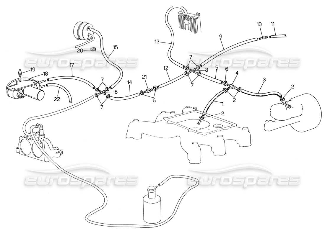 maserati 222 / 222e biturbo evaporation system (lh steering with lambda feeler) part diagram