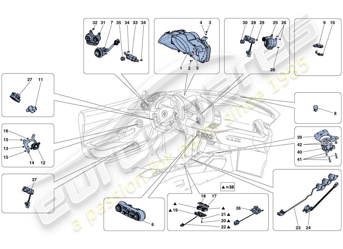 ferrari 488 spider (europe) dashboard and tunnel instruments part diagram