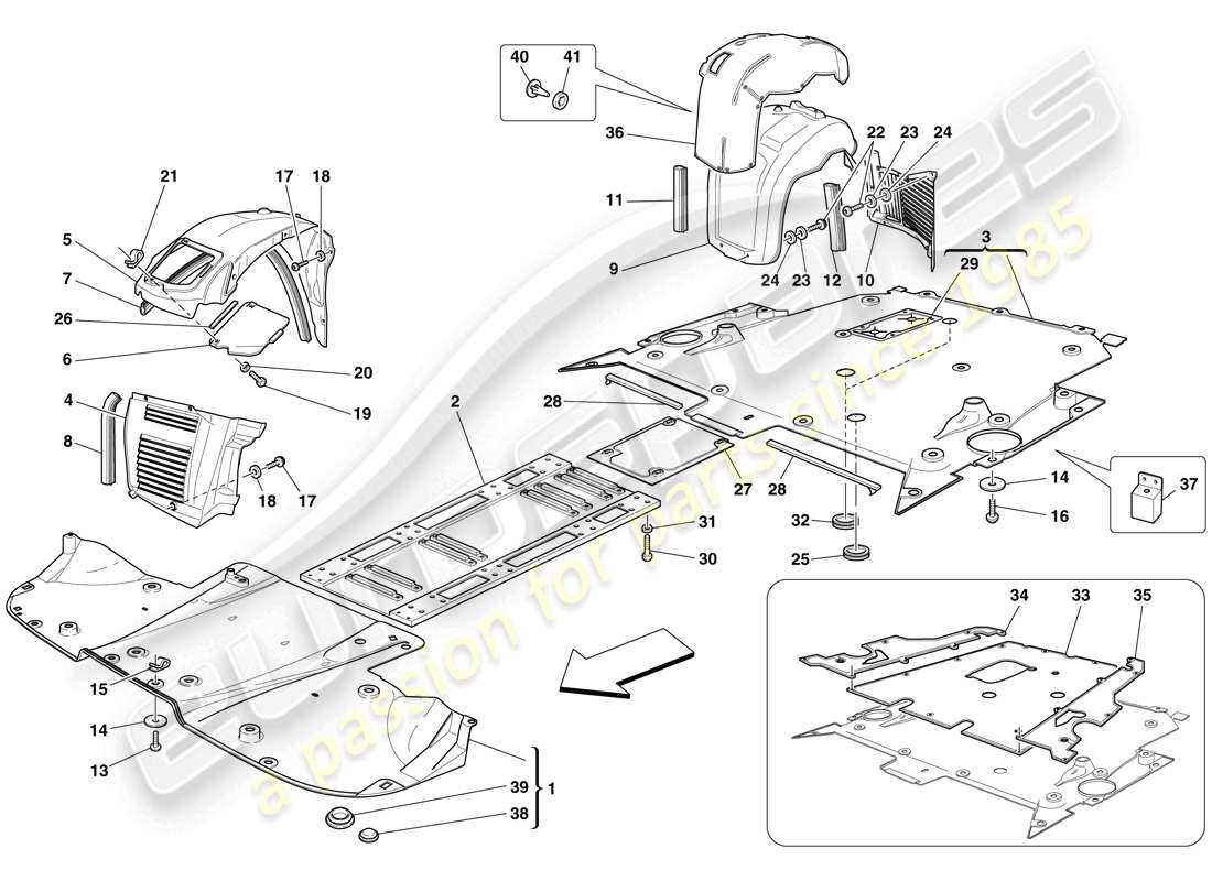 ferrari f430 spider (rhd) flat undertray and wheelhouses parts diagram