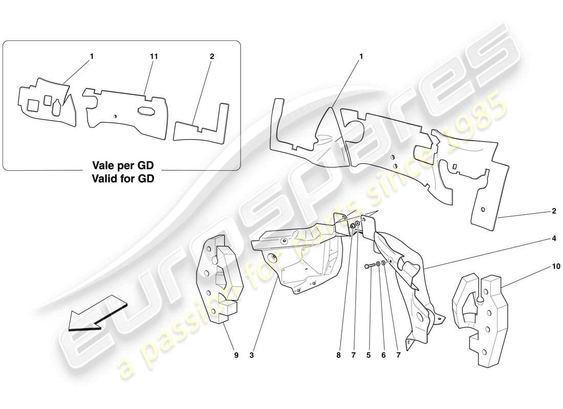 ferrari 599 gtb fiorano (rhd) engine compartment firewall insulation parts diagram