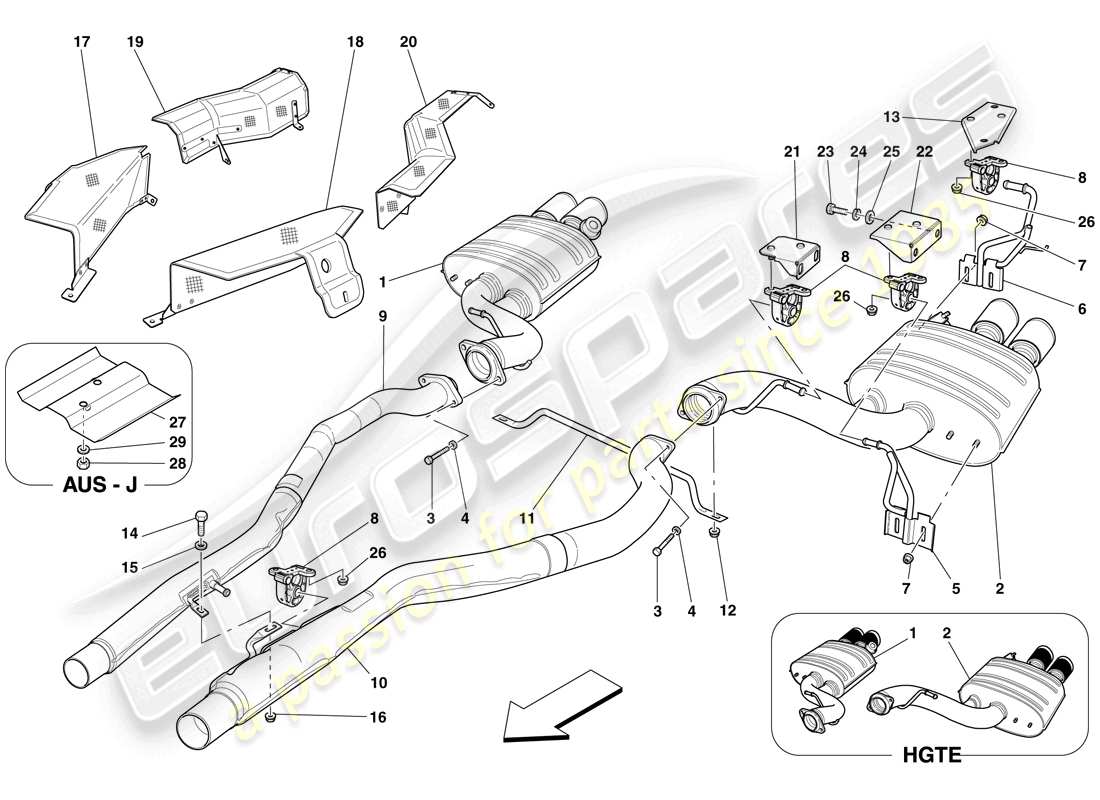 ferrari 599 gtb fiorano (usa) rear exhaust system parts diagram