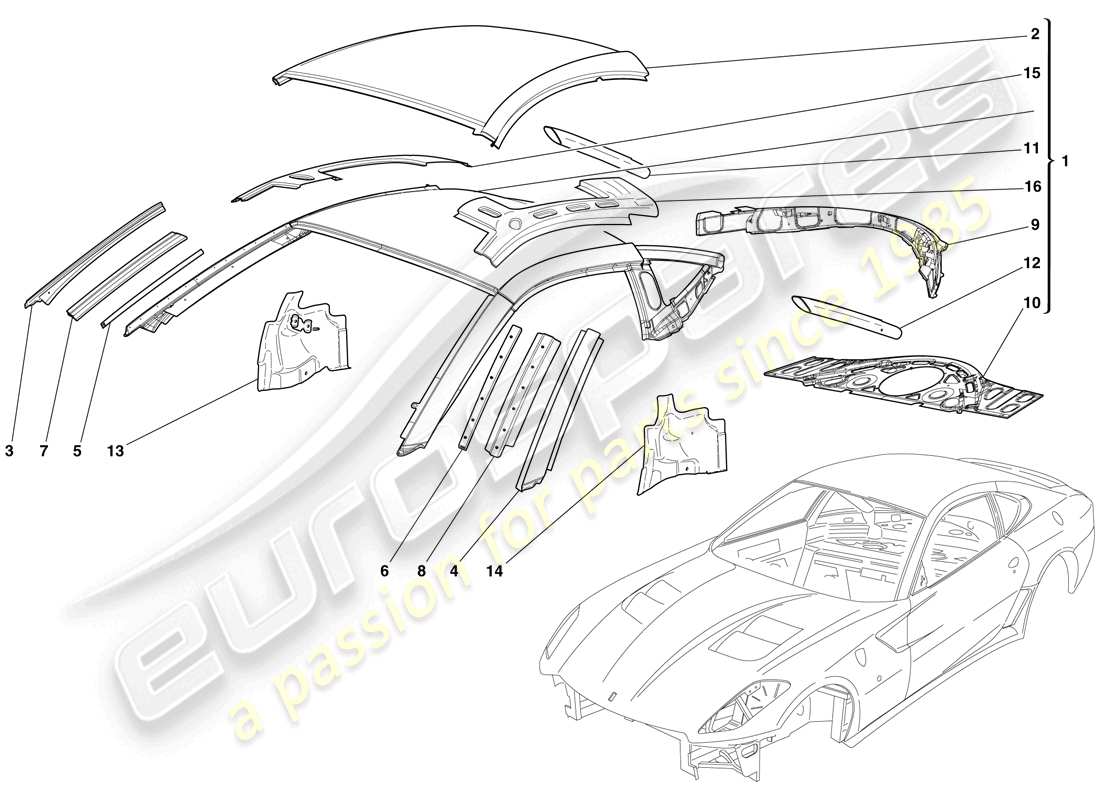 ferrari 599 gto (rhd) bodyshell - roof parts diagram