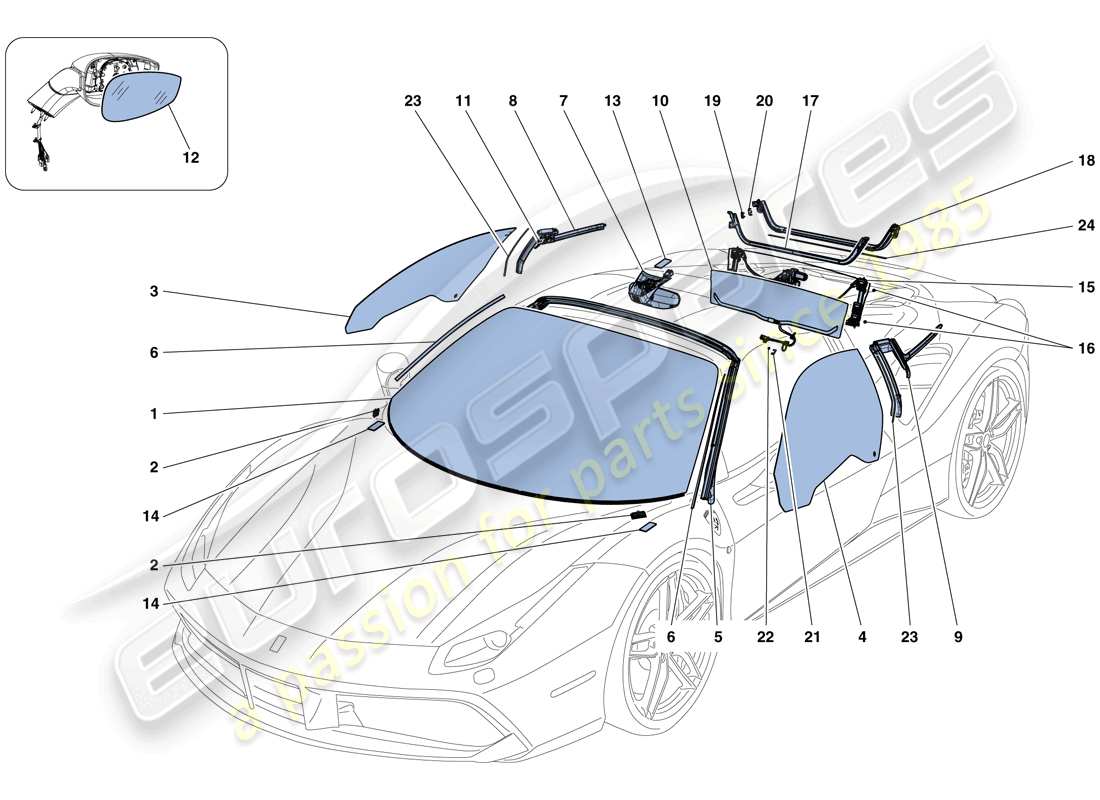 ferrari 488 spider (rhd) screens, windows and seals part diagram