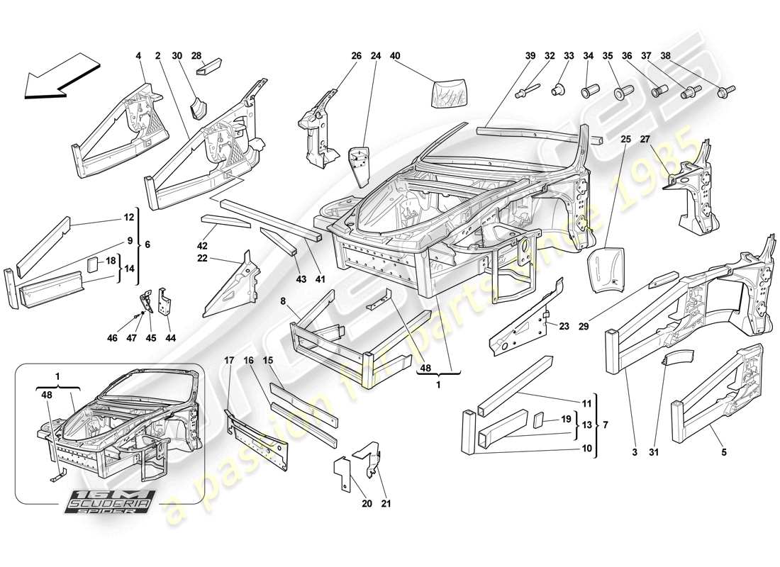 ferrari f430 scuderia (usa) chassis - structure, front elements and panels part diagram