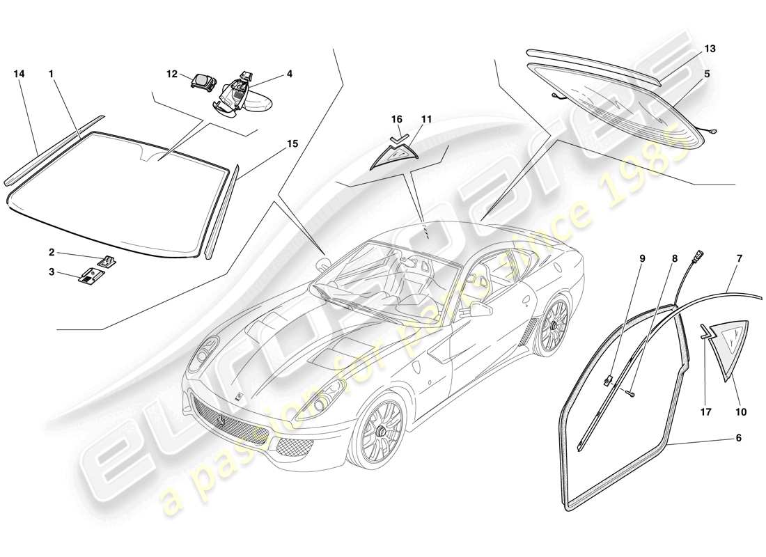 ferrari 599 gto (rhd) screens, windows and seals part diagram