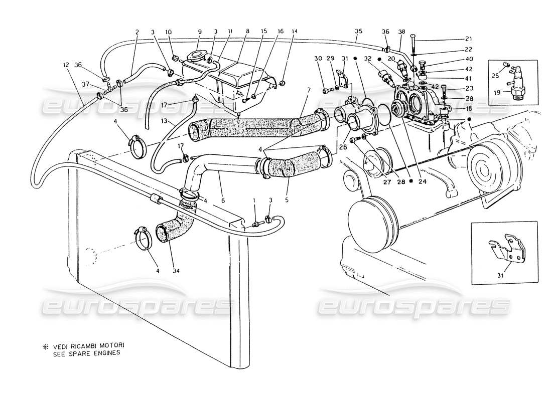 maserati 418 / 4.24v / 430 engine cooling, 3v parts diagram