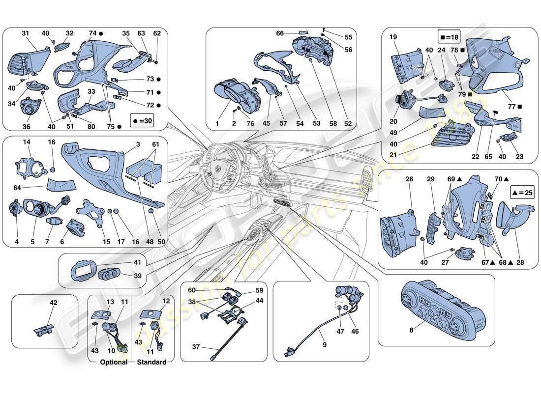 ferrari 458 italia (rhd) dashboard and tunnel instruments parts diagram