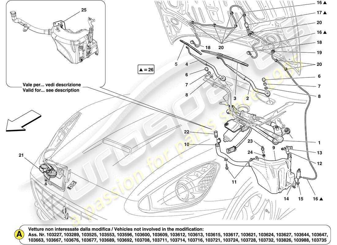 ferrari california (europe) windscreen wiper, windscreen washer and horns part diagram