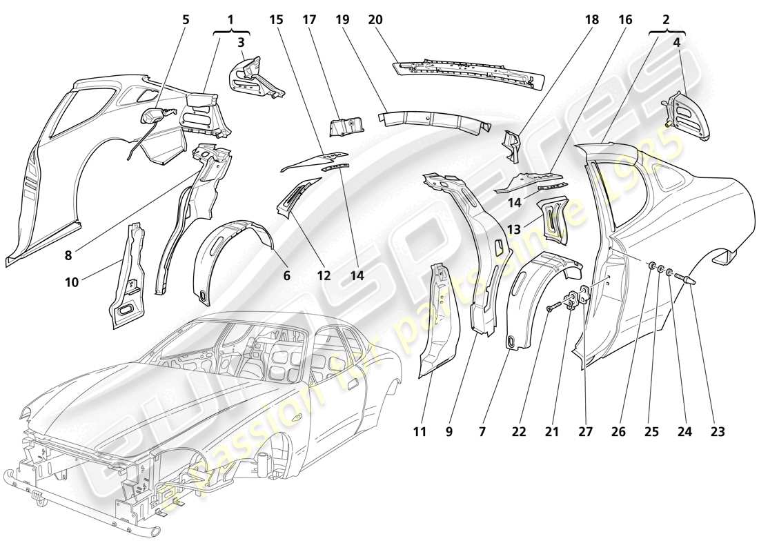 maserati trofeo body shell - central outer trims parts diagram