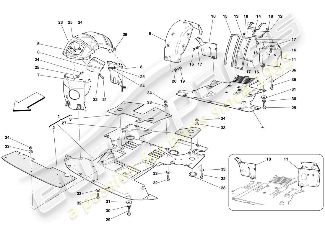 ferrari 612 scaglietti (europe) flat undertray and wheelhouses parts diagram