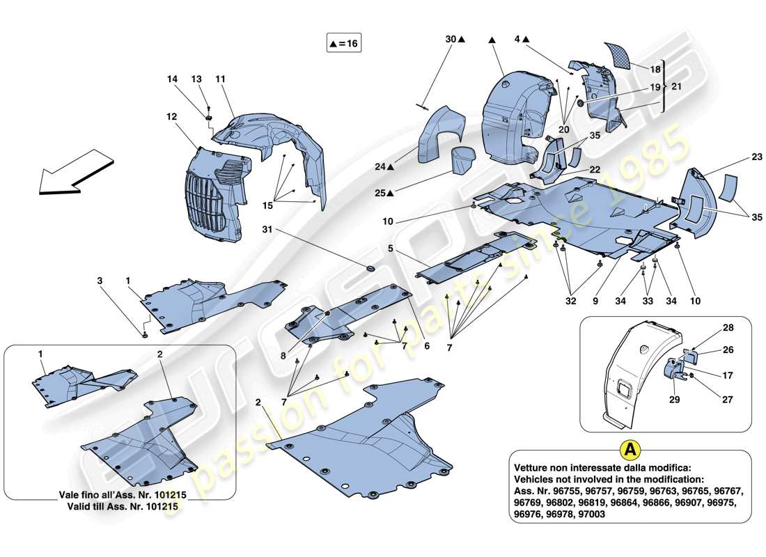 ferrari 458 italia (europe) flat undertray and wheelhouses parts diagram