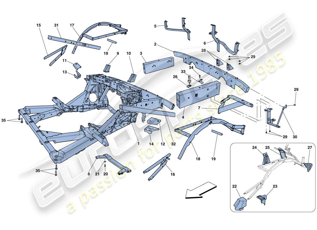 ferrari 458 speciale (rhd) chassis - structure, rear elements and panels part diagram