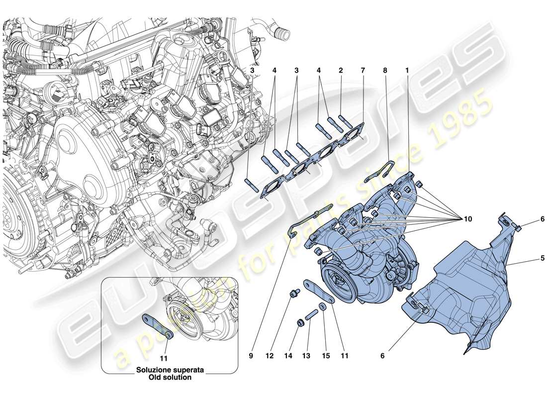 ferrari california t (rhd) manifolds, turbocharging system and pipes part diagram