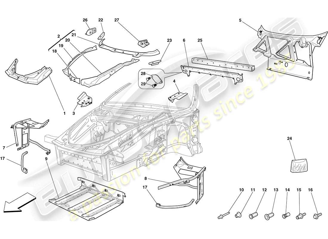 ferrari f430 coupe (rhd) chassis - complete front structure and panels parts diagram