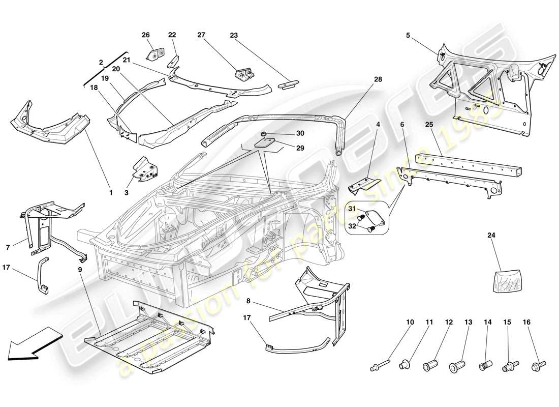 ferrari f430 spider (rhd) chassis - complete front structure and panels parts diagram