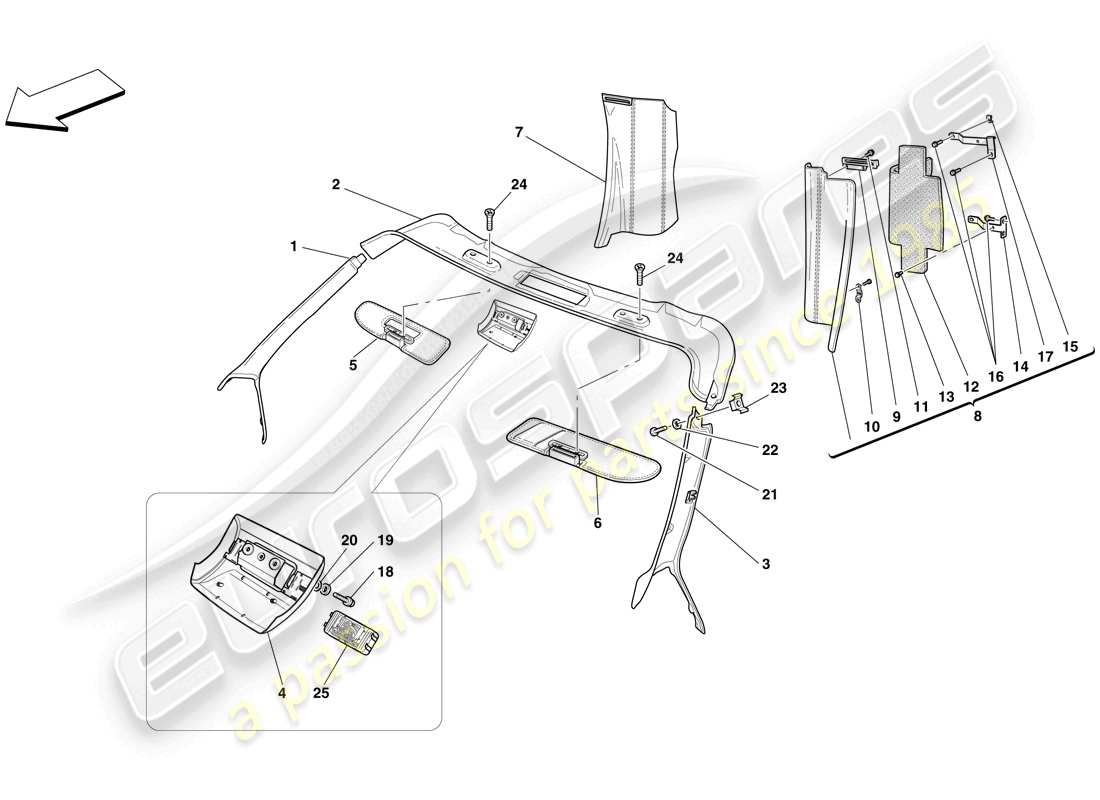 ferrari f430 spider (rhd) headliner trim and accessories parts diagram