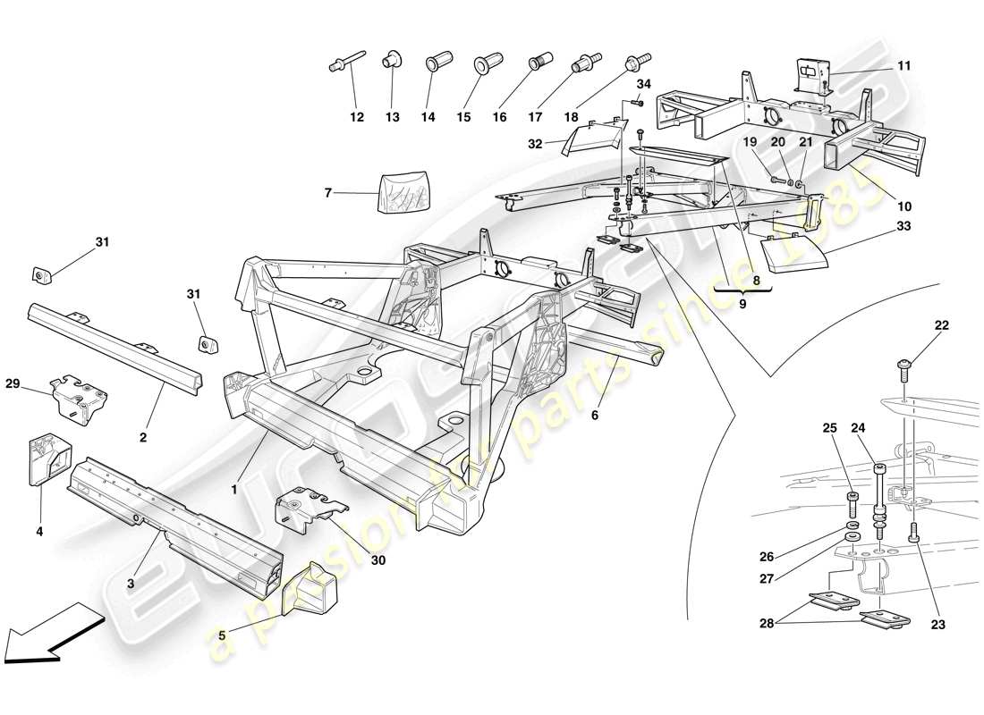 ferrari f430 scuderia (europe) chassis - structure, rear elements and panels parts diagram