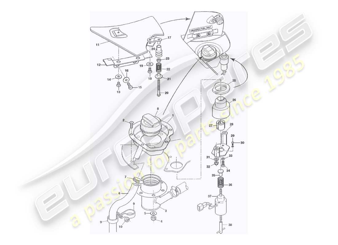 aston martin v8 virage (2000) fuel filler flaps, volante part diagram