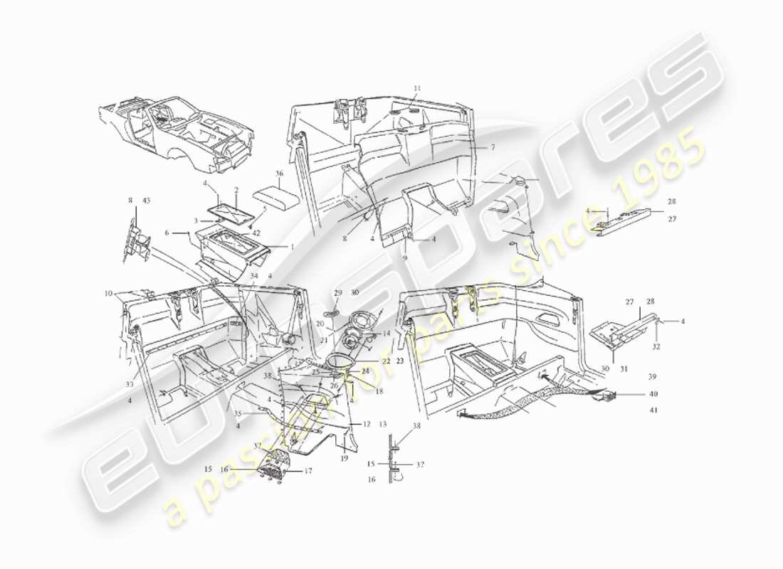 aston martin v8 virage (1999) rear trim, volante part diagram