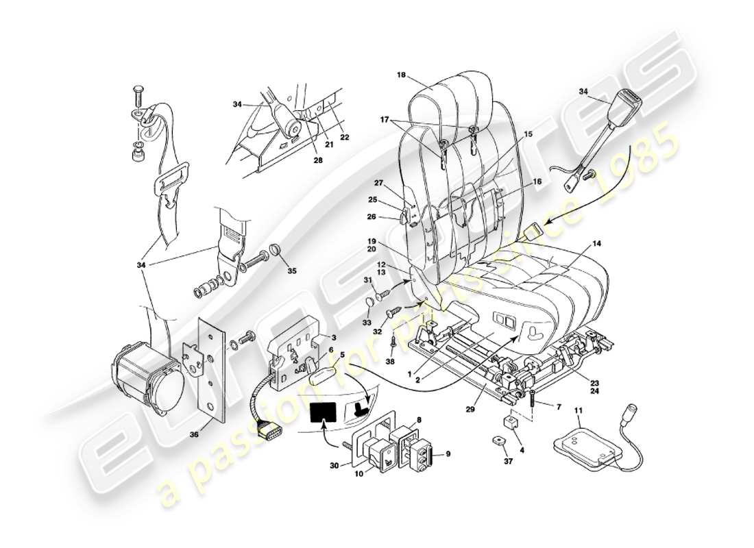 aston martin v8 volante (1999) front seats & belts part diagram