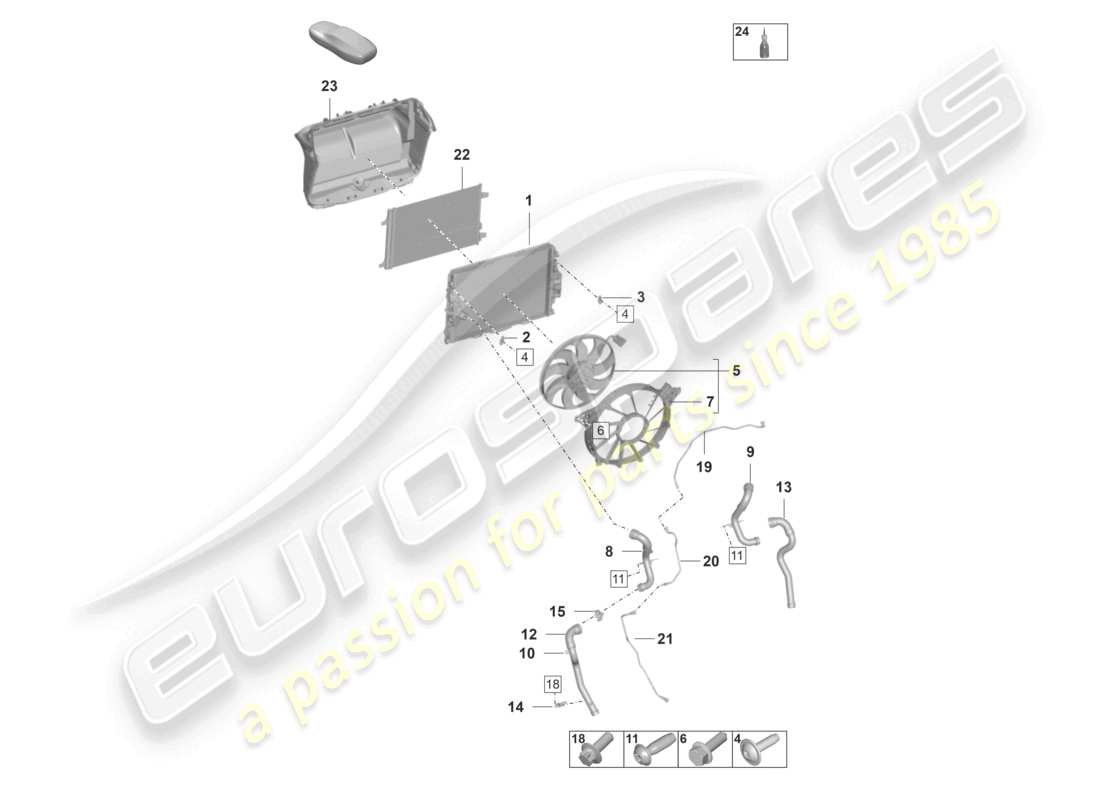 porsche 992 gt3/rs/st (2026) cooler for coolant center radiator fan part diagram