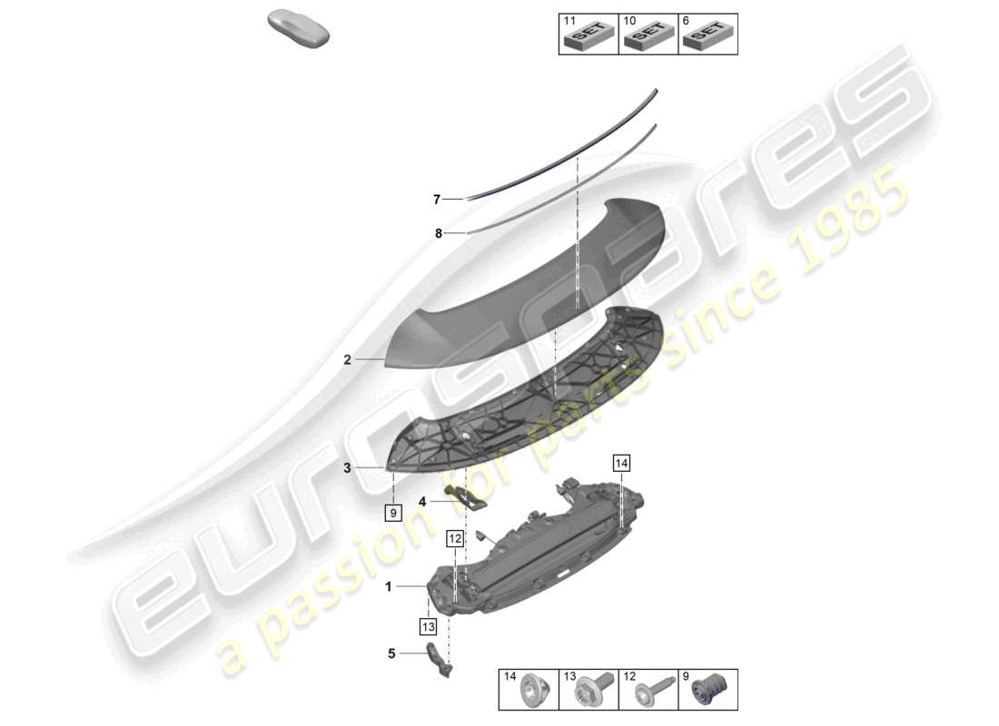 porsche 992 gt3/rs/st (2022) rear spoiler part diagram