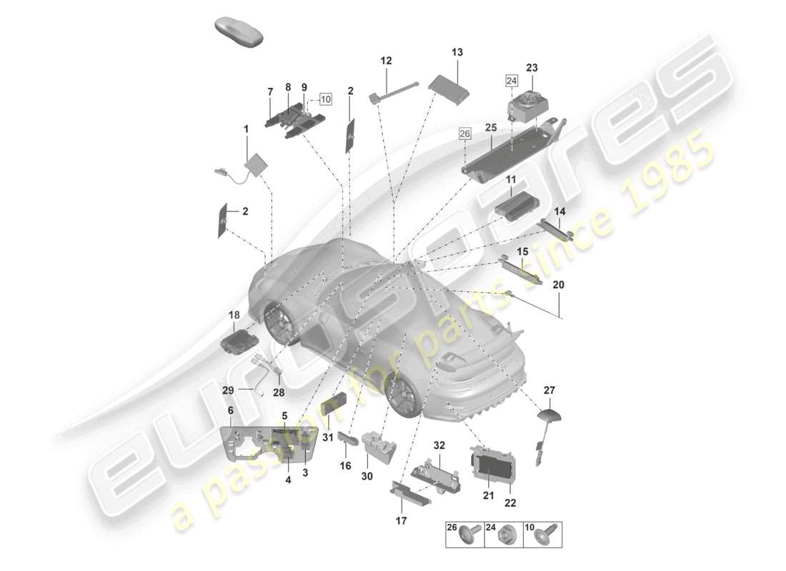 porsche 992 gt3/rs/st (2023) aerial aerial amplifier emergency call loudspeaker chip card reader for road toll system connection for usb and aux-in part diagram