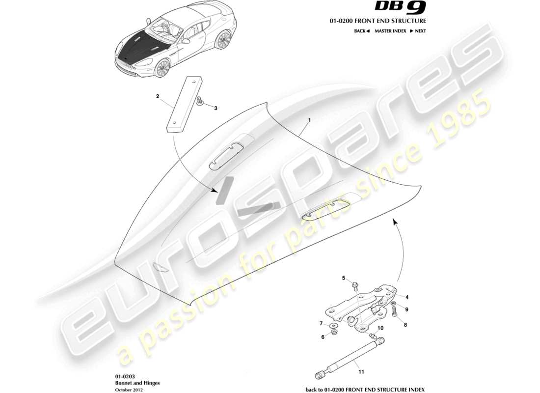 aston martin db9 (2014) bonnet and hinges part diagram