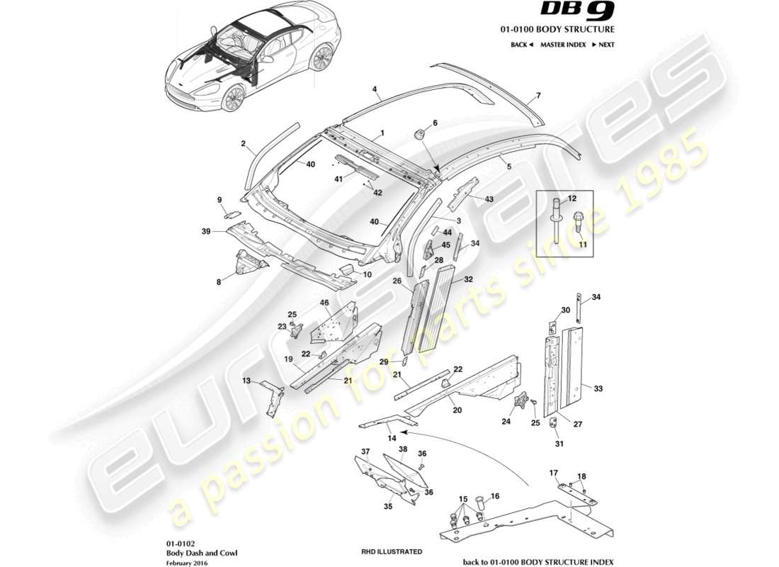 aston martin db9 (2014) body dash & cowl, coupe part diagram