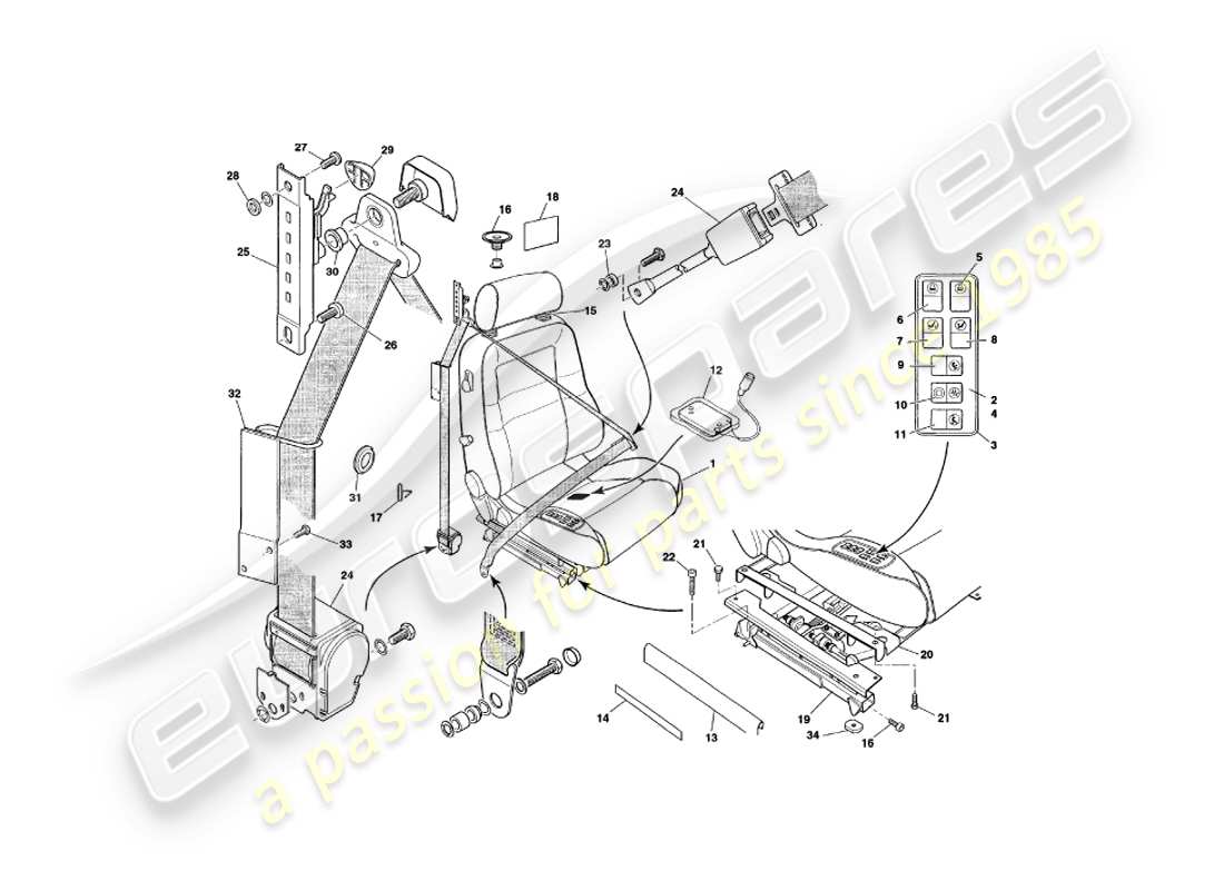 aston martin v8 coupe (2000) front seats & belts v79080 & v79074 on part diagram