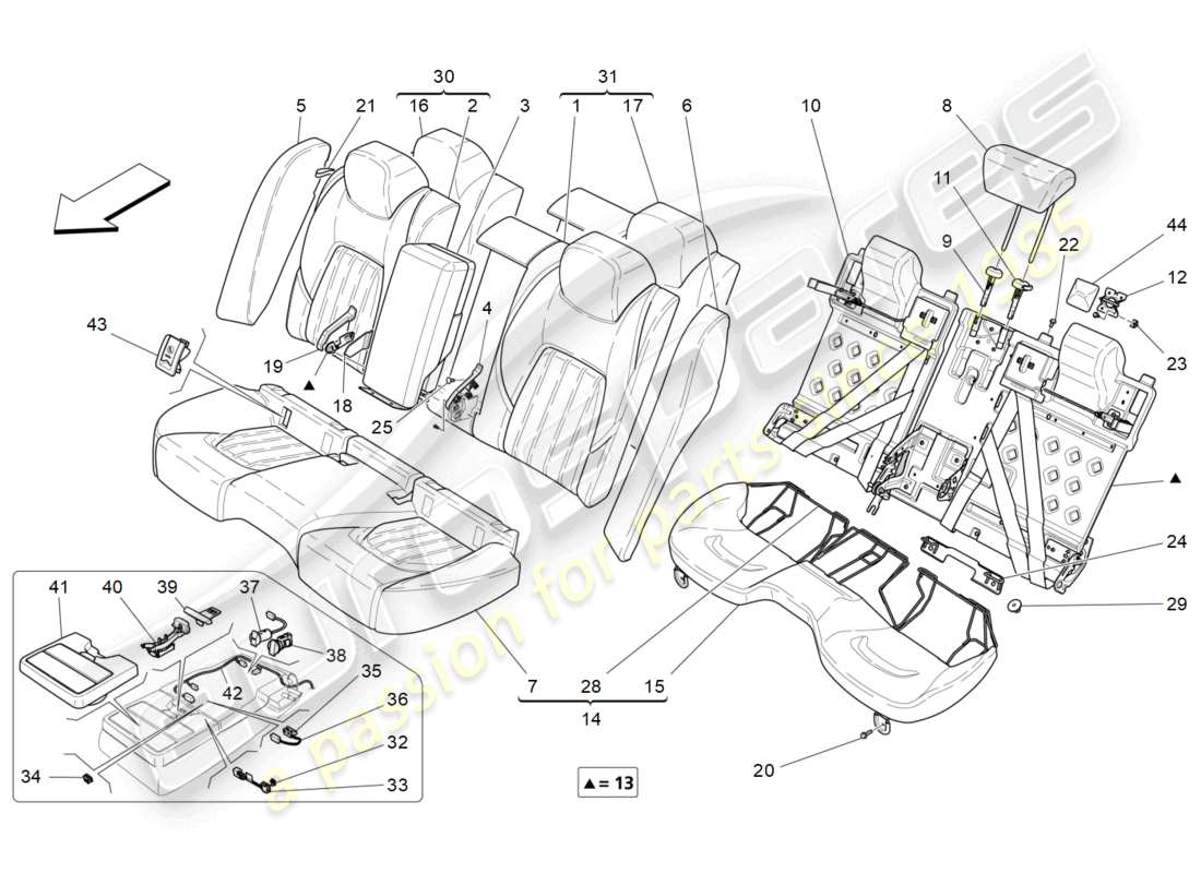 maserati ghibli fragment (2022) rear seats: trim panels parts diagram