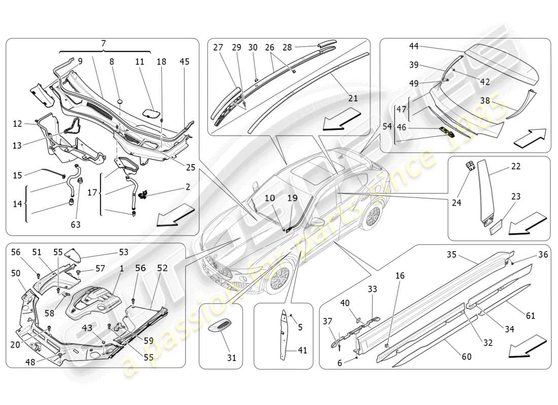 maserati levante trofeo (2020) shields, trims and covering panels part diagram
