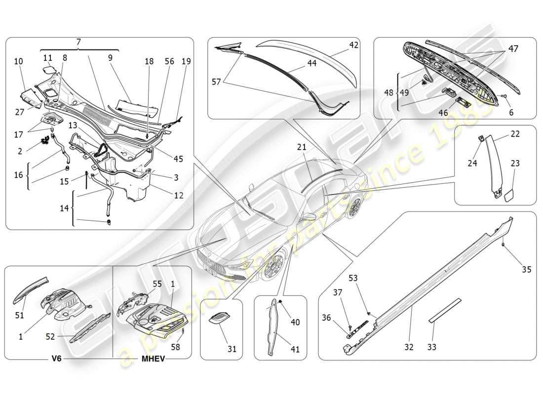 maserati ghibli fragment (2022) shields, trims and covering panels parts diagram