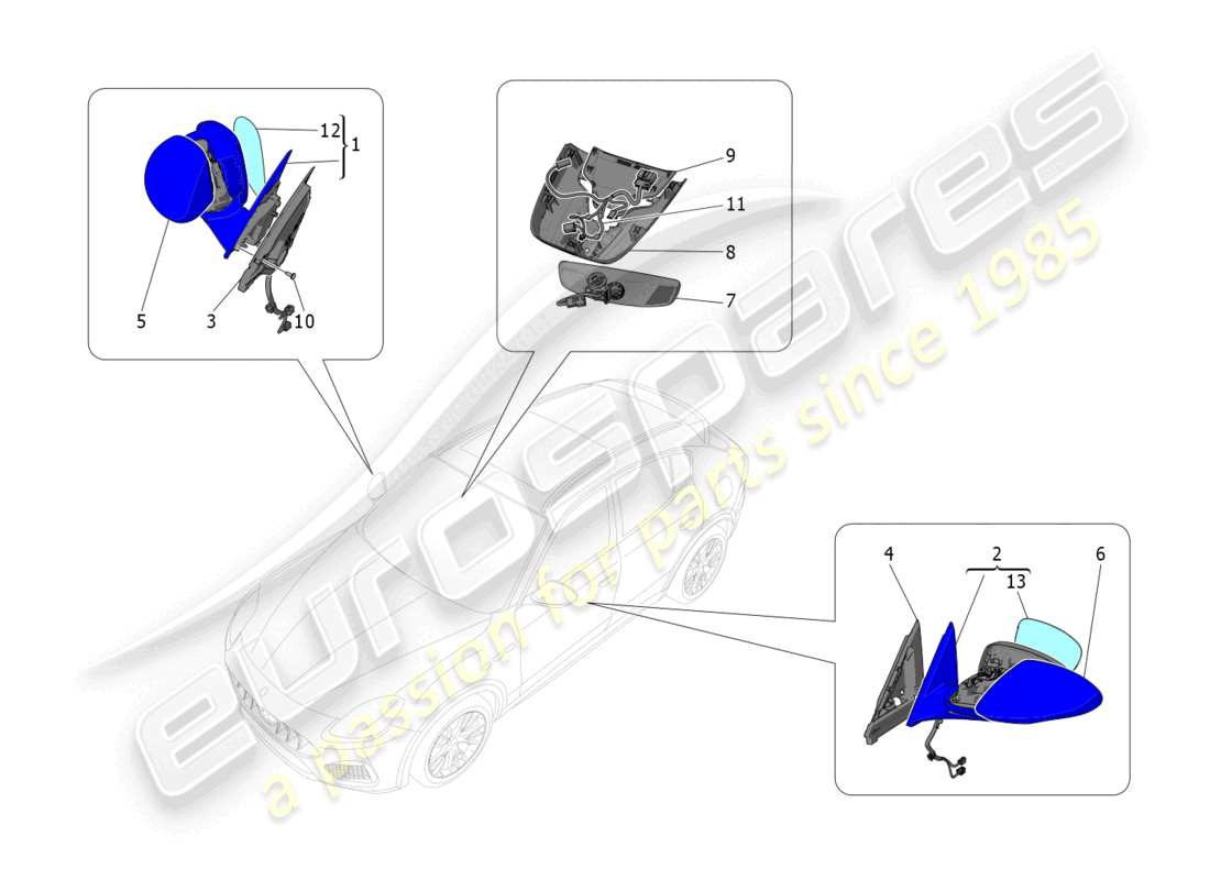 maserati grecale gt (2023) internal and external rear-view mirrors parts diagram