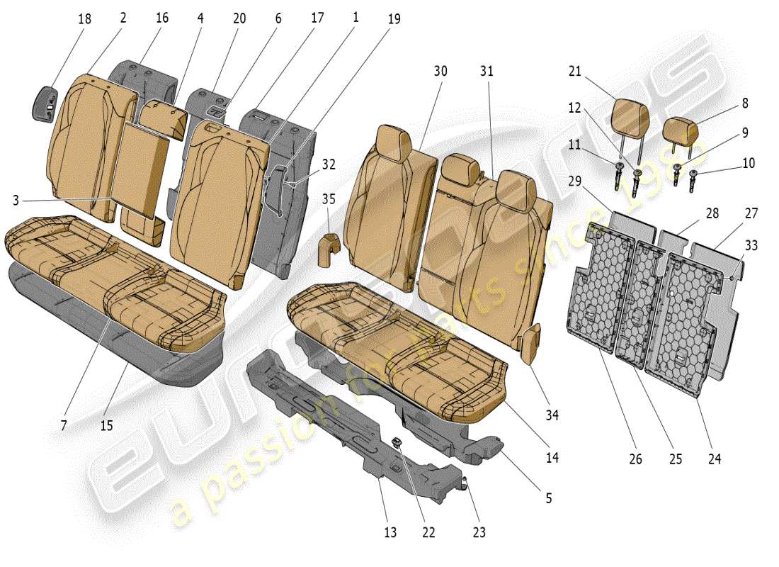 maserati grecale modena (2023) rear seats: trim panels parts diagram